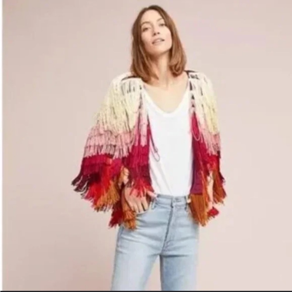Anthropologie Fringe Ombre Sweater - Red and Cream